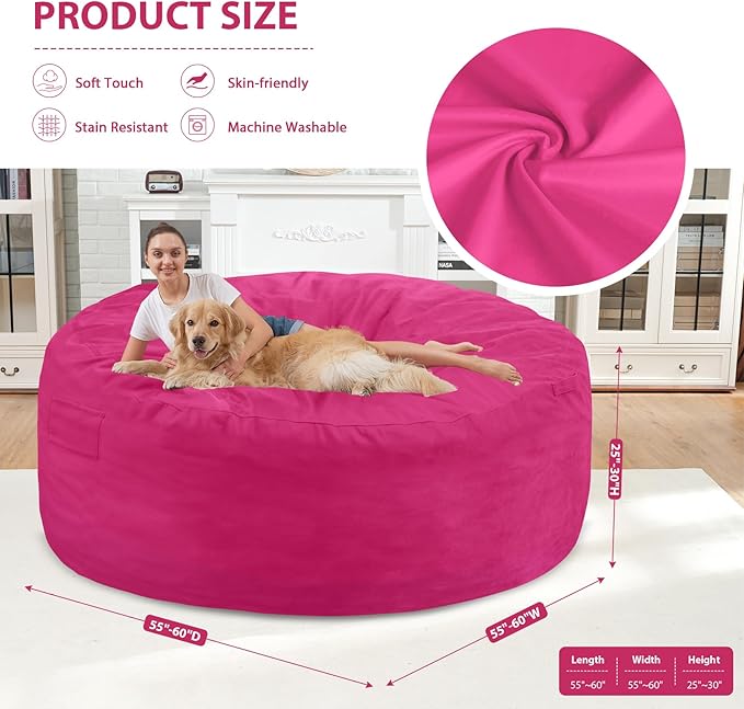 6FT Bean Bag Chair, Large Bean Bag Chairs with Memory Foam Filled, Fluffy Beanbag Sofa with Dutch Velvet Cover, Round BeanBag Chairs for Living Room, Playroom - Pink-CubbioJoy