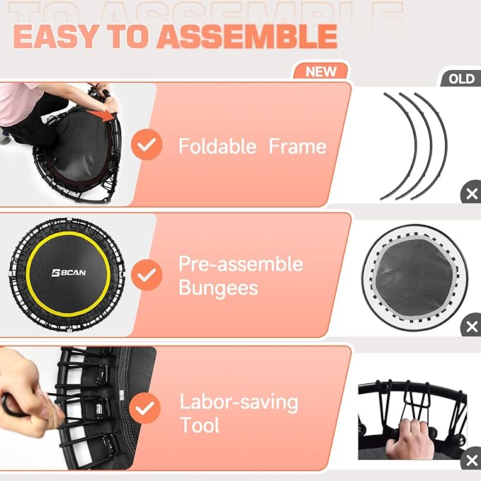 BCAN 40"/48" Mini Rebounder Trampoline for Adults with Bar, 450/550LBS Fitness Trampoline with Bungees, Adjustable Handle, Stable & Quiet, Indoor Outdoor, Whole-Body Workout & Relaxation at Home-CubbioJoy