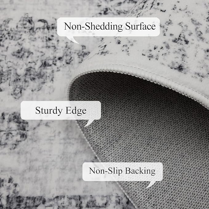 9x12 Area Rug Living Room Rugs, Stain Resistant Washable Rug, Vintage Large Non-Slip Backing, Low Pile Lightweight Print Rug for Bedroom Dinning Room Home Office (White/Grey)-CubbioJoy