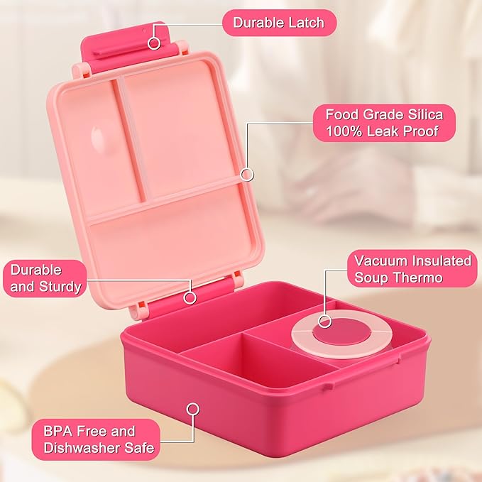 Bento Lunch Box for Kids with 8oz Soup Thermo&Lunch Bag, Leak-Proof Lunch Food Containers with 4 Compartment, Hot Food Insulated Food Jar for Kids School (Pink)-CubbioJoy