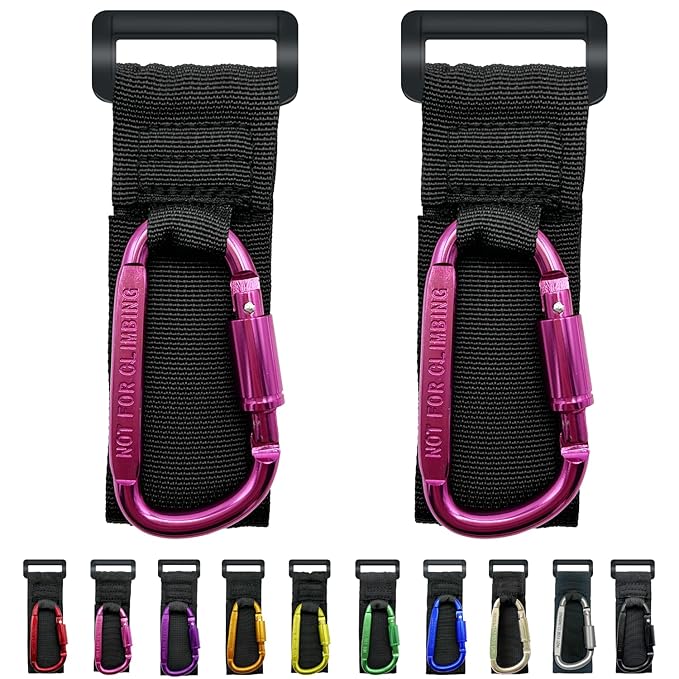 Baby Stroller Hook, Carry 30 lbs per Stroller Carabiner Clip, Adjustable Baby Stroller & Car Seat Hook for Hanging Diaper Bag, Wheelchair,Golf cart, Shopping and Pet Cart(2 Pcs Fuchsia)-CubbioJoy