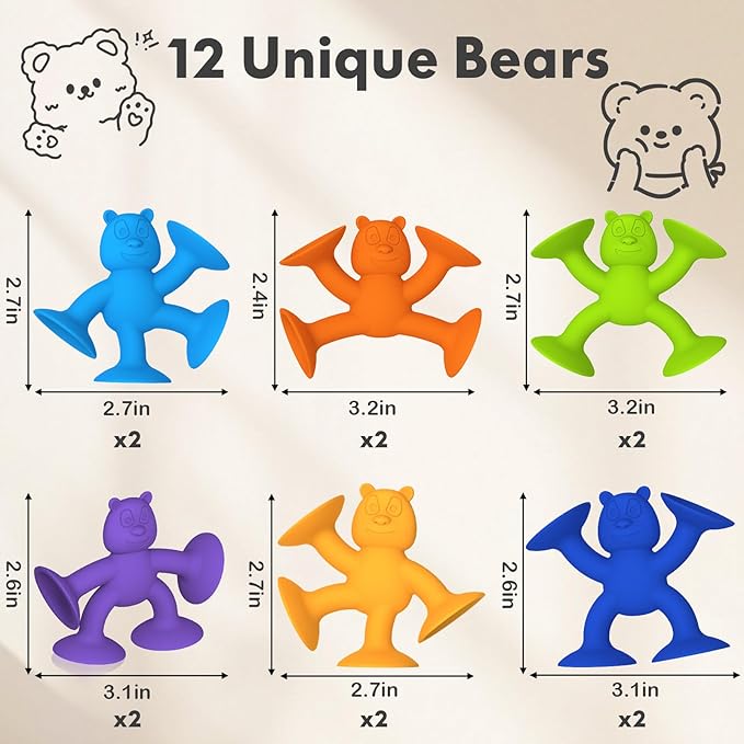 Cute Bear Suction Cup Toy Bath Toys for Kids Ages 4-8 No Hole Bathtub Sensory Toy Airplane Toys for Toddlers 1-3, Connect Build Create Baby Toys, 12 PCS-CubbioJoy