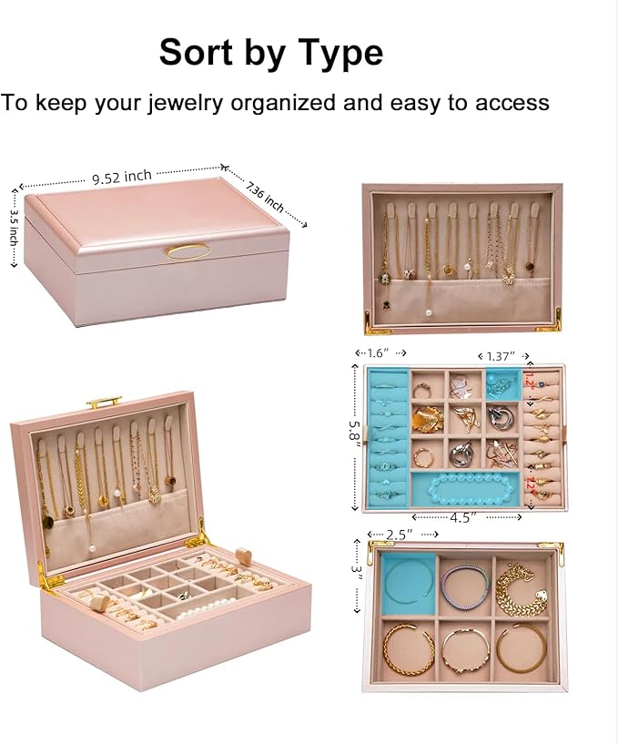 2-layer jewelry box，Jewelry Organizer with Handle，with hanging necklace hooks, detachable jewelry trays, suitable for storing a large amount of jewelry gift box (rose gold)-CubbioJoy