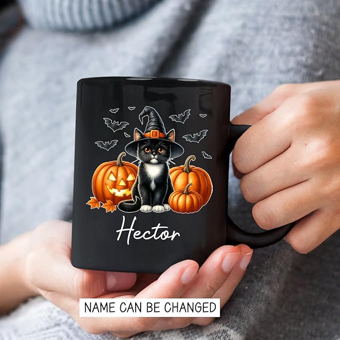 Custom Tuxedo Halloween Coffee Mugs with Name, Personalized Tuxedo with Pumpkins Ceramic Cups, Cat Wearing Witch Hat Black Mug, Cat Halloween Cup 11oz 15oz, Gift for Men Women Pet Lover-CubbioJoy