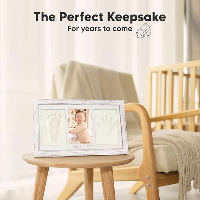 Baby Hand and Footprint Kit - Clay Handprint Keepsake Frame, Newborn Nursery Picture Frame, Personalized New Mom Gifts for Baby Shower & Registry (Vintage White)-CubbioJoy