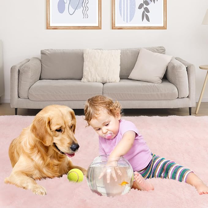 9x12 Pink Fluffy Rug, Ultra Soft Area Rugs for Living Room, Plush Rugs for Bedroom, Non-Slip Indoor Carpet for Nursery, Study Room, Kids Room, Room Decor-CubbioJoy