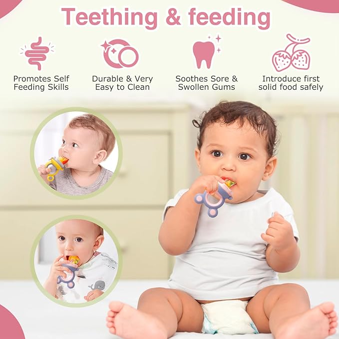Baby Solids/Frozen Fruit Feeder Pacifier, Infant Teether Toy 4M+, BPA-Free Silicone Pouch & Nipple, Safely Introduce Solids, Teething Relief, 2-Pack - Yellow/Purple (Mouse)-CubbioJoy