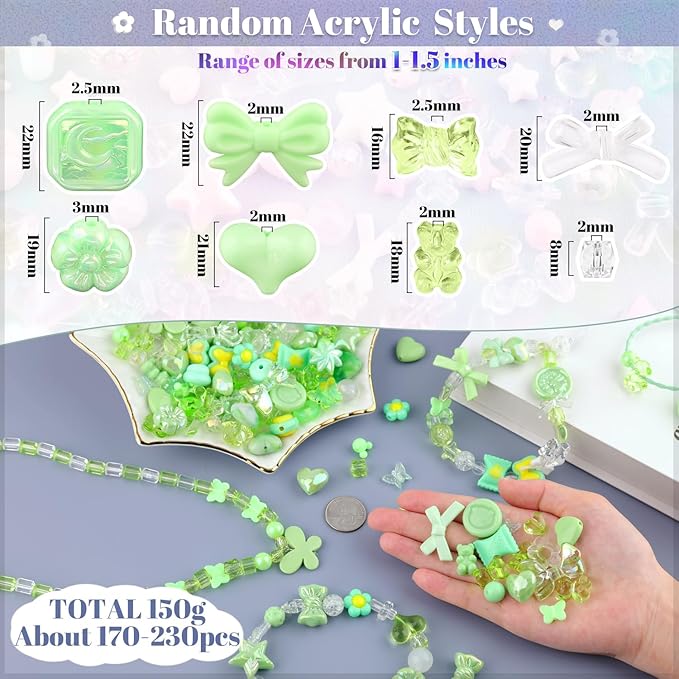 Assorted 170-230PCS Green Acrylic Beads for Bracelet Making, Flower Bow Butterfly Candy GummyBear Aesthetic Bracelet Charms,Cute Beads for Jewelry Making DIY Necklace Keychain Phone Charm-CubbioJoy