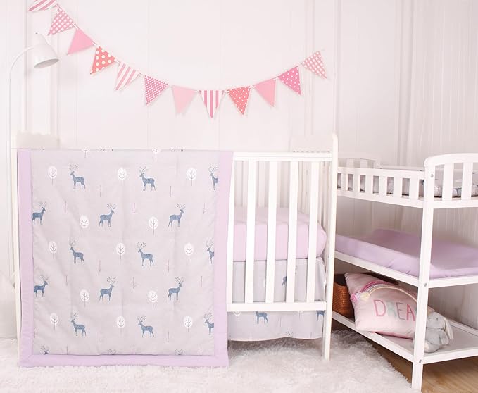 CaSaJa 4-Piece Crib Bedding Set for Boys and Girls, Nursery Baby Bedding Set Including Quilted Comforter with Fitted Crib Sheet and Changing Pad Covers, Reversible Quilt Design, Reindeer Forest-CubbioJoy