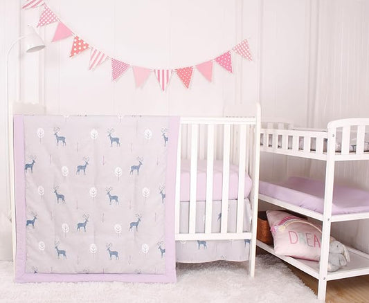 CaSaJa 4-Piece Crib Bedding Set for Boys and Girls, Nursery Baby Bedding Set Including Quilted Comforter with Fitted Crib Sheet and Changing Pad Covers, Reversible Quilt Design, Reindeer Forest-CubbioJoy