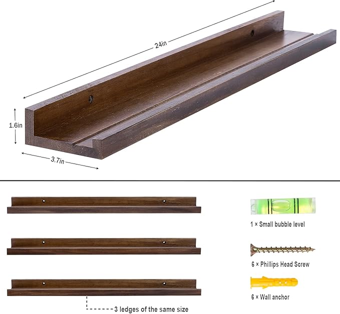 AZSKY 24 Inch Floating Shelves Rustic Wood Wall Shelf Deep Dark Walnut Floating Shelves a Set of 3 Hanging Narrow Picture Photo Ledge Shelves Wall Mounted Bathroom Bedroom Kitchen Office Décor-CubbioJoy
