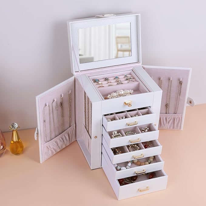 Kendal Jewelry Box, 6-Layer Jewelry Storage Organizer for Necklace Bracelet Rings Watch, 10.2"x8.2"x6" Classic PU Leather 5 Drawers Large Storage Capacity with Mirror-CubbioJoy