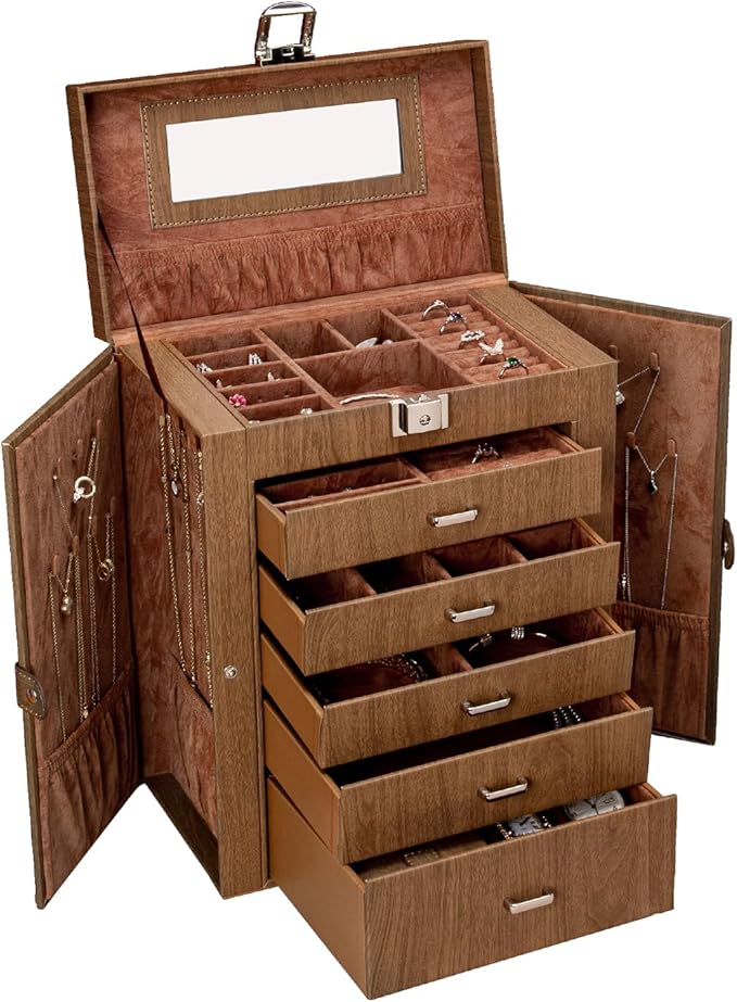 6 Tier Jewelry Box, Jewelry Case with 5 Drawers, Large Storage Capacity, with Mirror, Lockable, Jewelry Storage Organizer, Gift for Loved Ones-CubbioJoy