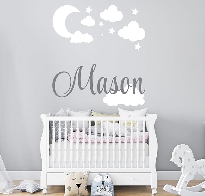 Custom Name with Moon Clouds and Stars Nursery Baby Name Wall Art Wall Decal for Nursery Bedroom playroom Decoration (Wide 40x40In Height), Wide 40Inx40In Height-CubbioJoy