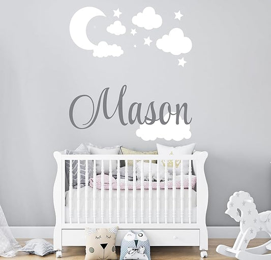 Custom Name with Moon Clouds and Stars Nursery Baby Name Wall Art Wall Decal for Nursery Bedroom playroom Decoration (Wide 40x40In Height), Wide 40Inx40In Height-CubbioJoy
