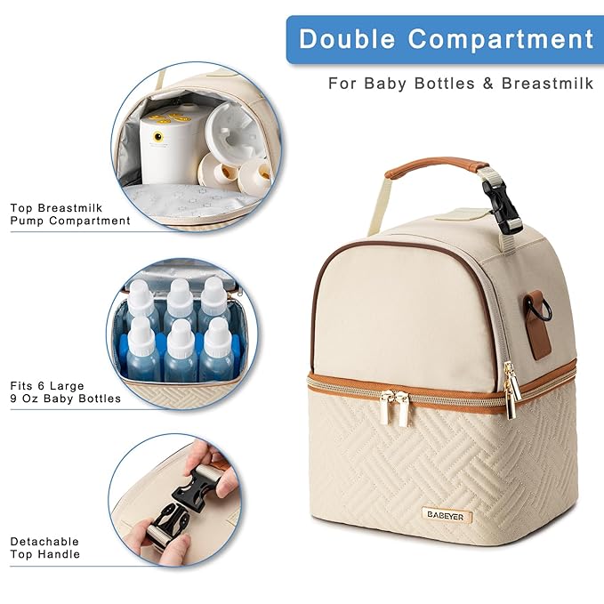 Breastmilk Cooler Bag with Ice Pack Fits 6 Baby Bottles up to 9 Ounce, Breast Milk Pump Cooler Bag with Shoulder Strap for Nursing Mom Daycare, Work, Travel- Cream-CubbioJoy