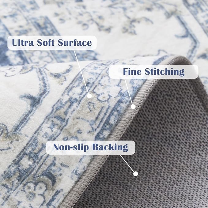 jinchan Round Rug 7ft Area Rug - Dark Blue Vintage Floor Mat Kitchen Indoor Ultra-Thin Soft Floral Print - Washable Circle 7' Retro Accent for Farmhouse Non Slip Dining Room Living Room Bedroom Office-CubbioJoy