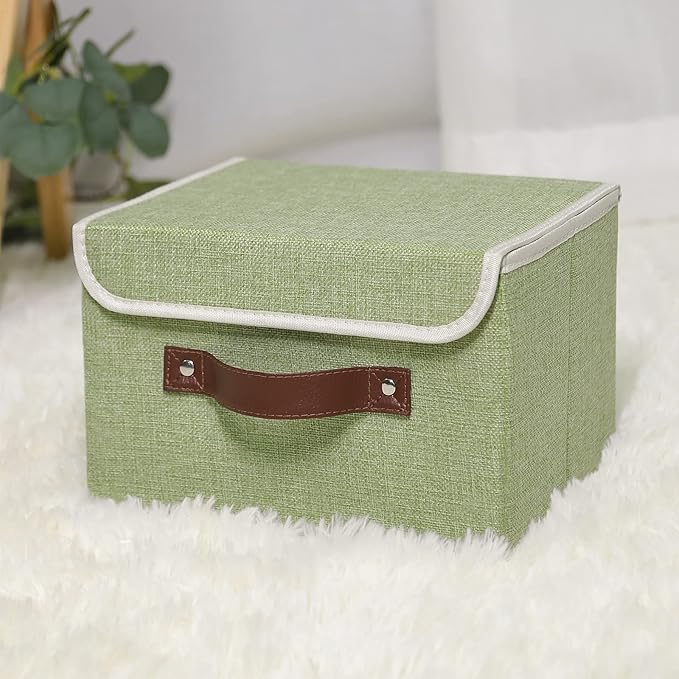 ANMINY Storage Bin with Lid Storage Boxes with PU Leather Handles PP Plastic Board Decorative Foldable Lidded Cotton Linen Fabric Home Cubes Baskets Closet Organizer Container - Green, Small Size-CubbioJoy