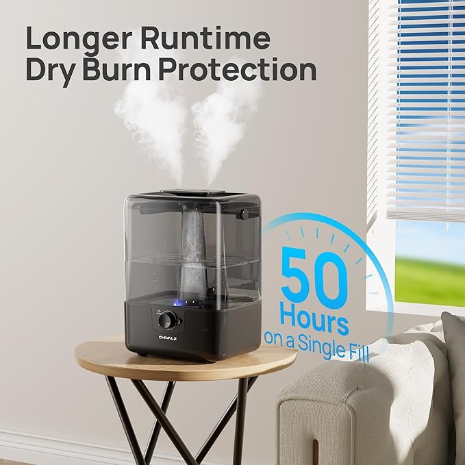 CHIVALZ 6L Humidifiers for Bedroom Large Room Home, Cool Mist Top Fill Humidifiers for Baby Nursery and Plants, 26dB Quiet, Nightlight, Up to 50 Hours, Oil Diffuser 1 Pack + 2 Mist Outlets Black-CubbioJoy