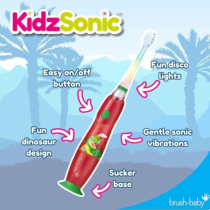 Brush‑Baby - KidzSonic Dinosaur Kids Electric Toothbrush for Ages 3+ with Disco LED Lights, Gentle Sonic Vibrations, 2-Minute Smart Timer & 30‑Second Pulse Reminders – AAA Battery Included-CubbioJoy