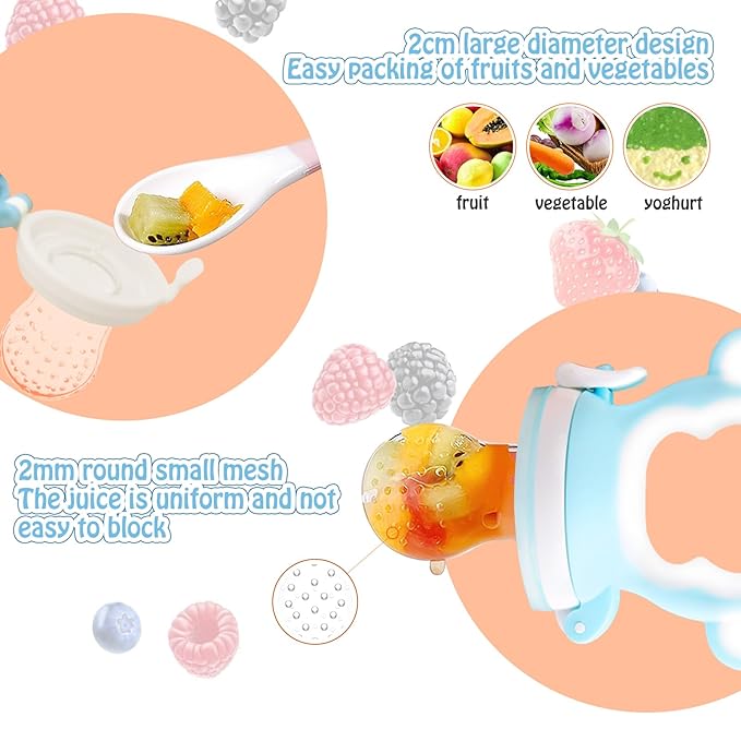 Baby Fruit Food Feeder - Silicone Nibble Tray Combo - Breastmilk Popsicle Mold for Cooling Relief, BPA Free Mesh Feeder for Infant Self Feeding (Monkey Blue + Pineapple)-CubbioJoy