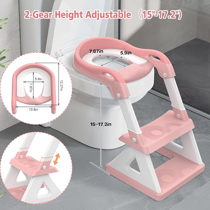 2 in 1 Potty Training Toilet Seat & Toddler Step Stool, Bottom Triangle Stability Toddler Toilet Seat, Adjustable Step & Seat Height Potty Seats for Toddlers Boys Girls (Pink)-CubbioJoy