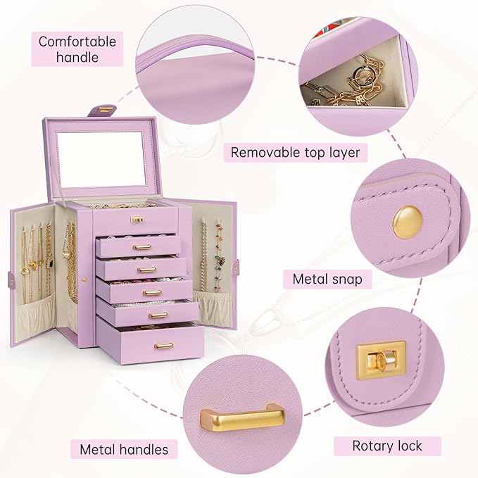 AKOZLIN Jewelry Box Organizer Functional Leather Jewelry Storage Case for Women Girls Ring Necklace Earring Bracelet Holder Organizer with Mirror-CubbioJoy