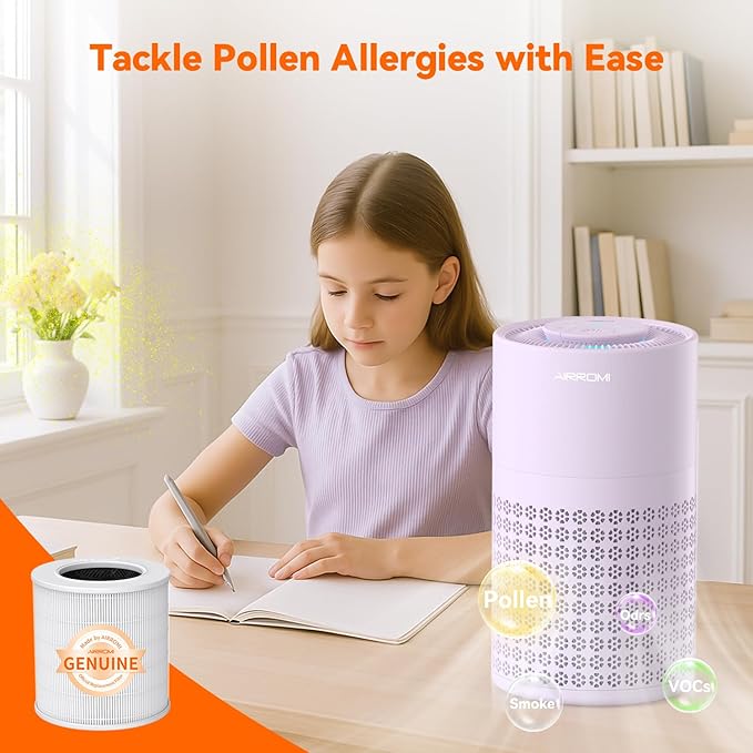 AIRROMI Air Purifier for Bedroom with HEPA 3-in-1 Filter, Pet Air Purifier for Home Cat Pee Smell, Covers Upto 990 Ft², Quiet 360°intake Air Cleaner for Pet Hair,Allergies,Pollen,Smoke A2001 Purple-CubbioJoy