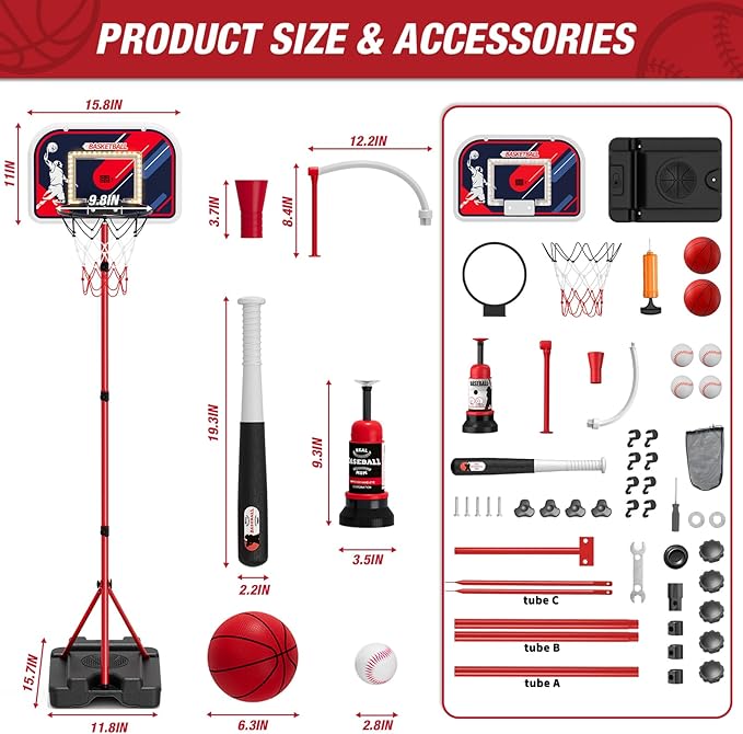 4 in 1 Kids Basketball Hoop and Tball Set for Toddlers 3-5, Basketball Goal with Scoreboard & LED, Hanging Tee Ball Stand with Baseball Pitching Machine, Indoor Outdoor Sport Toys for Boys 4-8-CubbioJoy