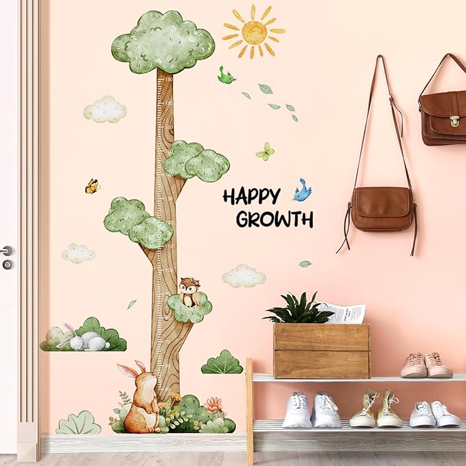 3D Cartoon Height Growth Chart for Kids Wall Stickers Removable DIY Jungle Animals and Plants Height Sticker Peel and Stick Sun White Clouds Wall Art Decor for Nursery Kids Bedroom Living Room-CubbioJoy