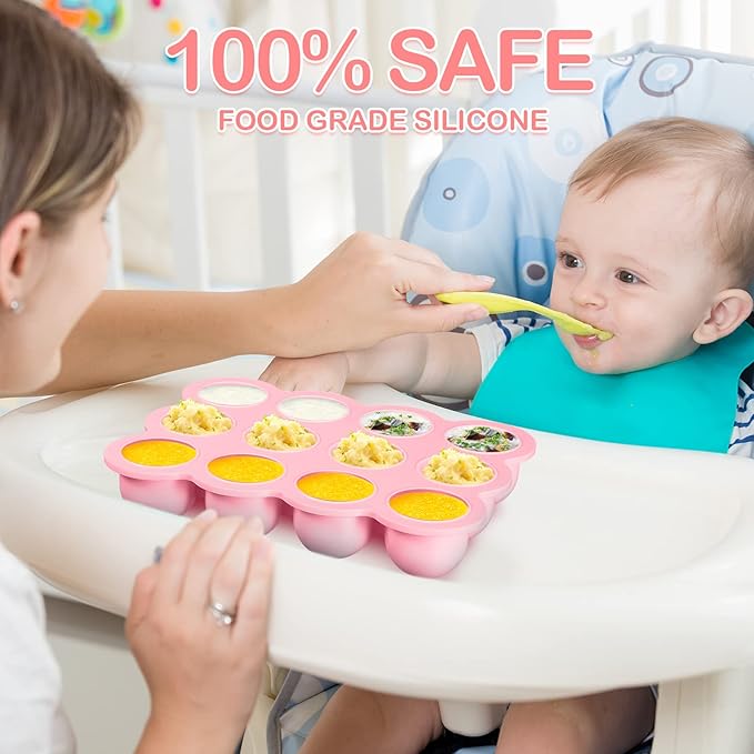 3 Pcs Baby Food Storage Container 12 Cup Silicone Baby Food Freezer Tray with Lid Stackable Reusable Silicone Baby Food Freezer Storage Tray for Food Vegetable Fruit Puree and Breast Milk (Pink)-CubbioJoy
