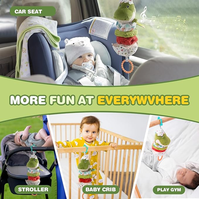 Jollybaby Baby Musical Pull String Hanging Toy for Stroller Car Seat Crib Play Gym, Plush Stuffed Dinasour Toy for Carseat with Music Teether Crinkle Paper, Sensory Toy for 0-6-12-18 Months Baby Gift-CubbioJoy