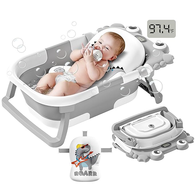 Collapsible Baby Bathtub for Newborns to Toddler with Real-time Temp Monitor & Floating Cushion,Portable Travel Tub for 0-36 Month, Foldable Baby Bath Tub for Infants Boy (Grey)-CubbioJoy