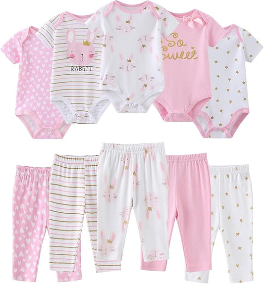 Baby Bodysuit and Pant Set 10-pcs Cotton Soft Newborn Boy Girl Clothes Outfits