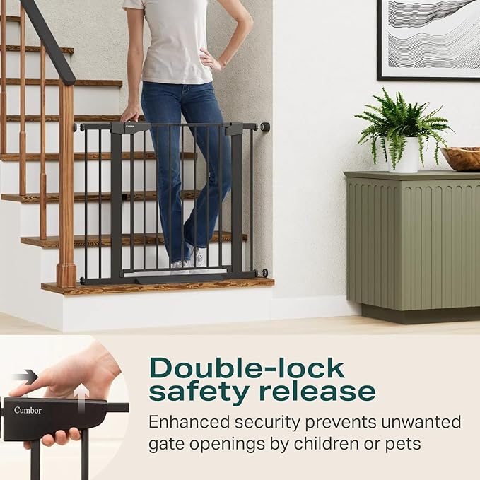 Cumbor 2 Pack 29.7-40.6" Baby Gate for Stairs, Mom's Choice Awards Winner-Dog Gate for Doorways, Pressure Mounted Self Closing Pet Gates for Dogs Indoor, Safety Child Gate with Easy Walk Thru Door-CubbioJoy