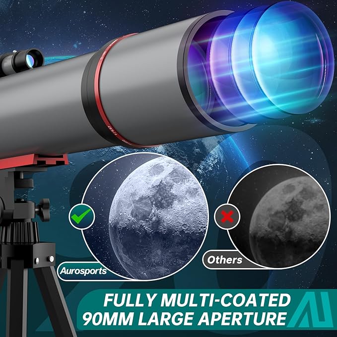 Aurosports Telescope for Adults High Powered - 90mm Aperture 600mm Refractor Telescope for Kids & Beginners -Portable Travel Telescope with Phone Adapter Tripod Wireless Remote & Carry Bag-CubbioJoy