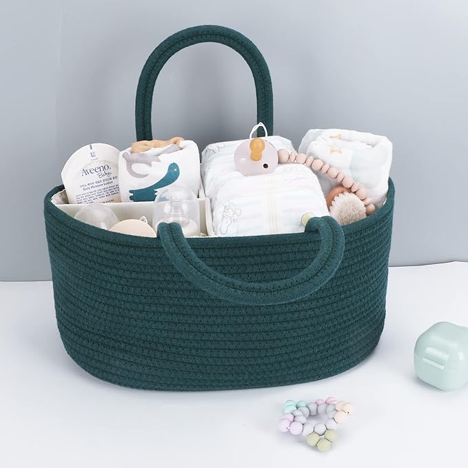 Baby Diaper Caddy Organizer for Girl Boy Rope Nursery Storage Bin Basket Portable Holder Tote Bag for Changing Table Car Travel Baby Shower Gifts Newborn Essentials Registry Must Have Items Dark Green-CubbioJoy