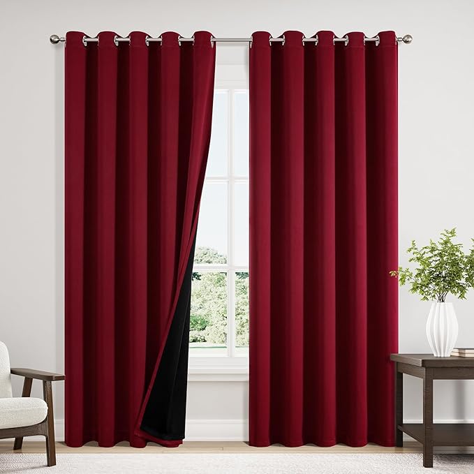 ChrisDowa 100% Blackout Curtains 84 inch Long for Bedroom with Black Liner, Extra Wide 2 Thick Layers Total Blackout Thermal Insulated Grommet Window Curtains 2 Panels Set (Burgundy, 60 x 84 Inch)-CubbioJoy