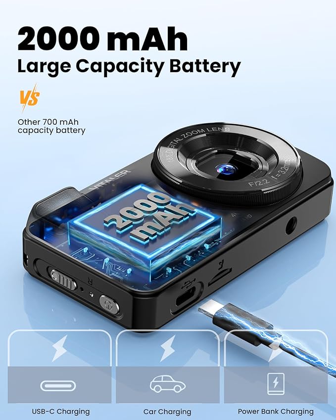 Digital Camera, Autofocus 48MP 4K Camera for Photography with 32GB Card, Portable Compact Point and Shoot Digital Camera for Teens Adult Beginner Kids with Metal Shell, 2000 mAh Battery-CubbioJoy