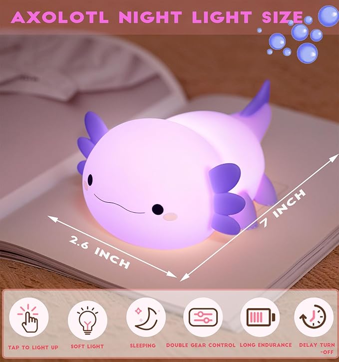 DREAMING MY DREAM Axolotl Night Light for Kids,Cute Axolotl Gifts lamp Rechargeable Light Table Bedside Lamp,LED Animal Silicone Nursery Night Lamp Cute Room Decor for Kids Girls Boys-CubbioJoy