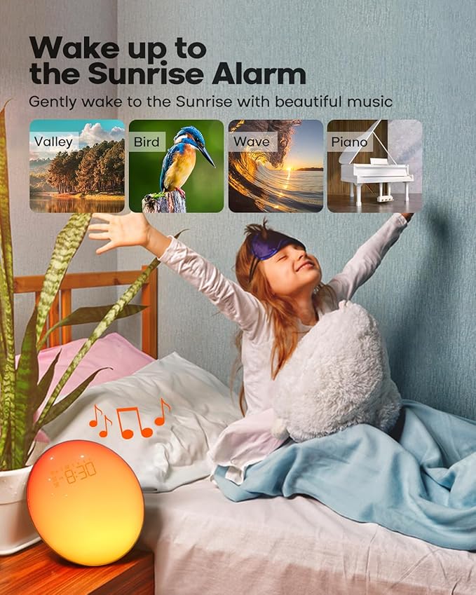 Dekala Sunrise Alarm Clock for Heavy Sleepers, Smart App Control, Bluetooth Speaker, Wake up Light Sunrise Sunset Simulation, White Noise Sound Machine, Night Light for Bedrooms Kids Adults-CubbioJoy