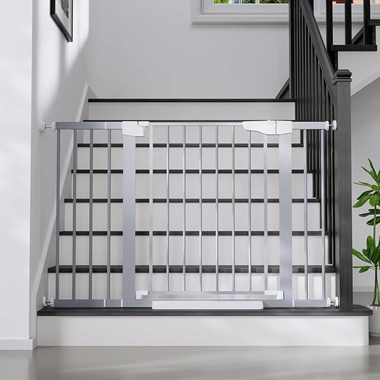 Cumbor 29.7-48" Baby Gate for Stairs, Mom's Choice Awards Winner-Dog Gates for Doorways, Auto Close Safety Pet Gate for Dogs Indoor, Easy Install Pressure Mounted Child Gate with Walk Thru Door, Gray-CubbioJoy