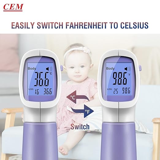 CEM DT-8806 Digital Thermometer for Adults and Kids, No Touch Forehead Thermometer for Baby, 2 in 1 Body Surface Mode Infrared Thermometer with Fever Alarm and Instant Accuracy Readings, Purple-CubbioJoy