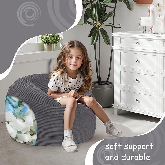 COMAX Kids Bean Bag Chair Turn into Beanbag Bed, Toddler Bean Chair Corduroy for Girl Boy Sleeping, Lazy Children Bean Bags with Filler, Convertible Child Floor Mattress, Charcoal-CubbioJoy