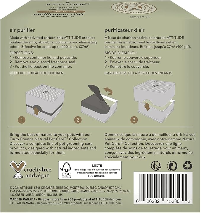 ATTITUDE Air Purifier with Activated Carbon Filter, Plant- and Mineral-Based Ingredients, Traps Pet Odors and Pollutants, Vegan and Cruelty-free, Lavender, 8 Ounces (Pack of 2)-CubbioJoy