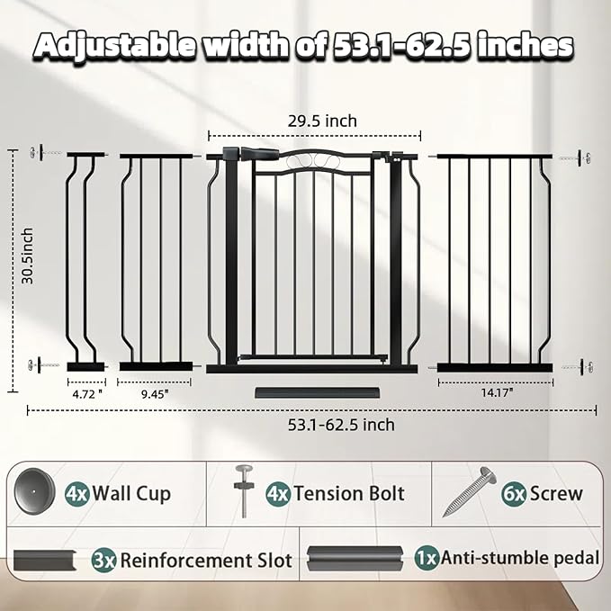 53.1-62.5 Inch Extra Wide Baby Gate, Pressure Mounted Dog Gate Indoor, Walk Thru Pet Gate for Cat Dog Child,Pet Gates for The House Doorway Black-CubbioJoy
