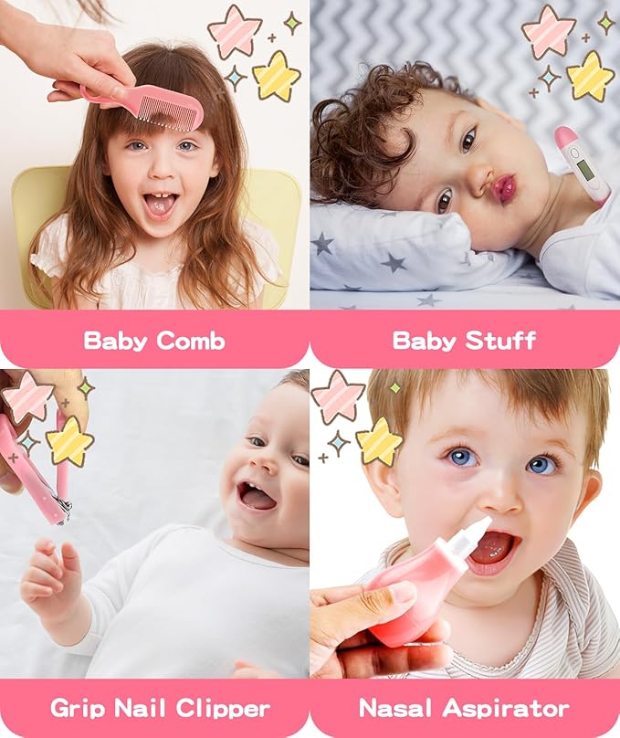 Baby Grooming and Healthcare Kit, Portable Baby Safety Care Set with Hair Brush Comb Nail Clipper Nasal Aspirator for Nursery Newborn Infant Girl Boy (32 in 1, Pink)-CubbioJoy