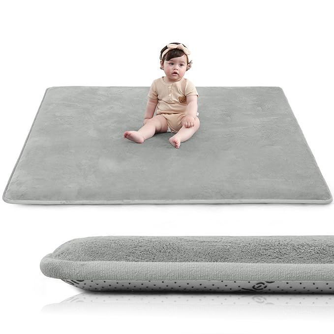 Baby Play Mat for Floor,1.3" Thick Elasti-Foam 50"×50" Playpen Mat for Tummy Time,Water Repellent Soft Coral Velvet for Toddler,Infant,Kids,Non-Slip Backing Safe for Crawling(Light Grey)-CubbioJoy