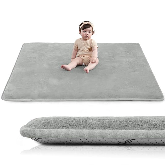 Baby Play Mat for Floor,1.3" Thick Elasti-Foam 50"×50" Playpen Mat for Tummy Time,Water Repellent Soft Coral Velvet for Toddler,Infant,Kids,Non-Slip Backing Safe for Crawling(Light Grey)-CubbioJoy