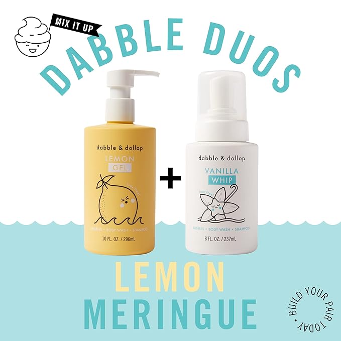 Dabble & Dollop Lemon + Vanilla Body Wash & Shampoo – 3-in-1 Natural Bubble Bath for Kids, Made in USA, No Parabens or Sulfates, Vegan, Gluten-Free, Tear-Free (2-Pack)-CubbioJoy